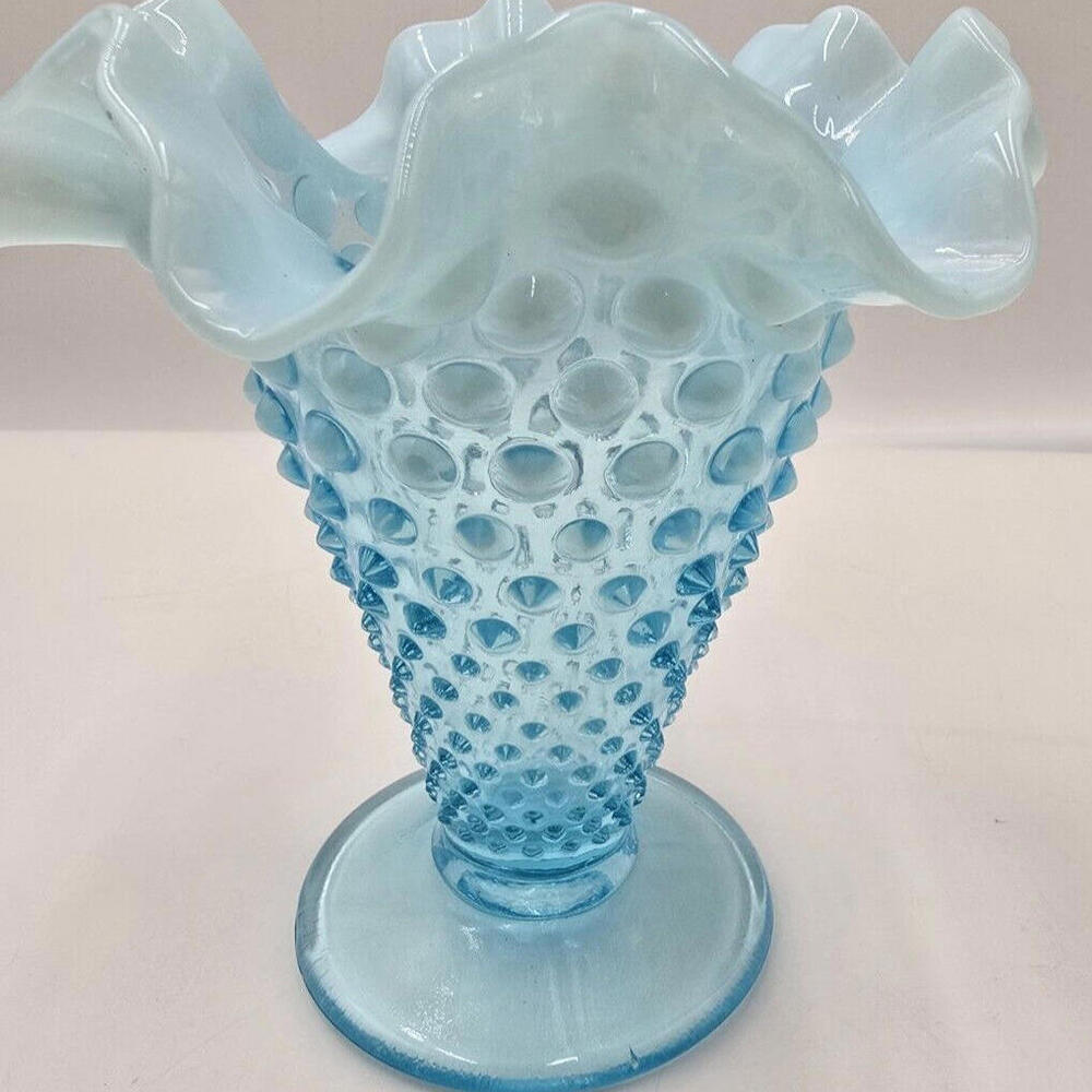 VINTAGE Fenton-AQUA‎ Blue Opalescent-Hobnail-fluted Edged Vase